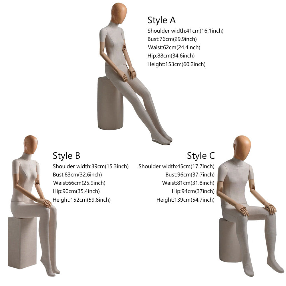 DE-LIANG Linen Full Body Mannequin: Sitting Display Form with Wooden Arms