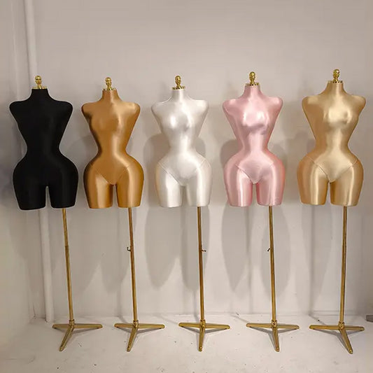 Elegante maniquí femenino de medio cuerpo en forma de S de satén, torso ajustable para mujer, accesorios para modelos de ropa, maniquí de exhibición para dama con base de metal.