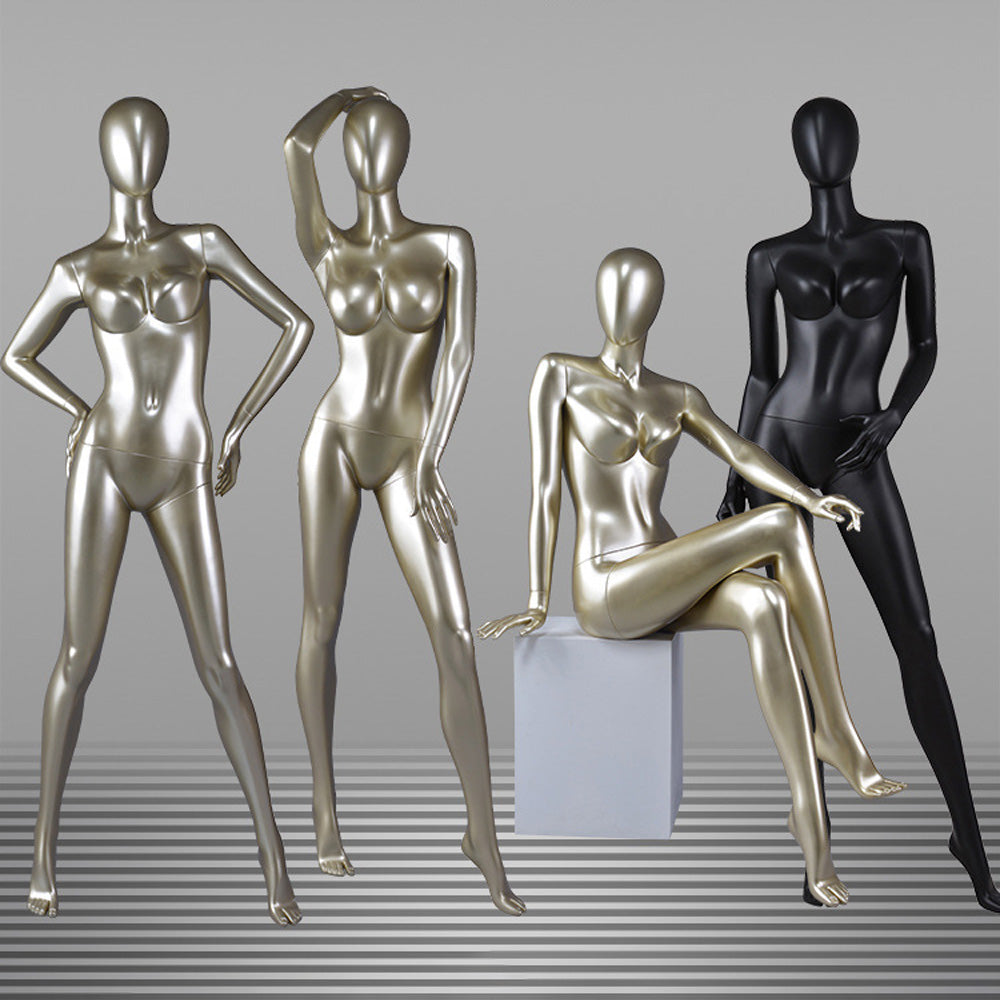 DE-LIANG Glossy Champagne Gold / Black Female Full Body Mannequin Set, Realistic Fiberglass Standing & Sitting Display Models for Clothing Stores, Window Fashion Display, Boutique Dress Form Props