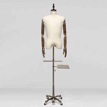 Male Half Body Mannequin, Men Suit Display Model with Wooden Arms and Cross Four-Wheel Base
