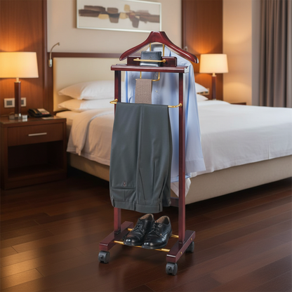 DE-LIANG Solid Wood Suit Valet Stand - Luxury Coat Hanger Rack with Brass Accents