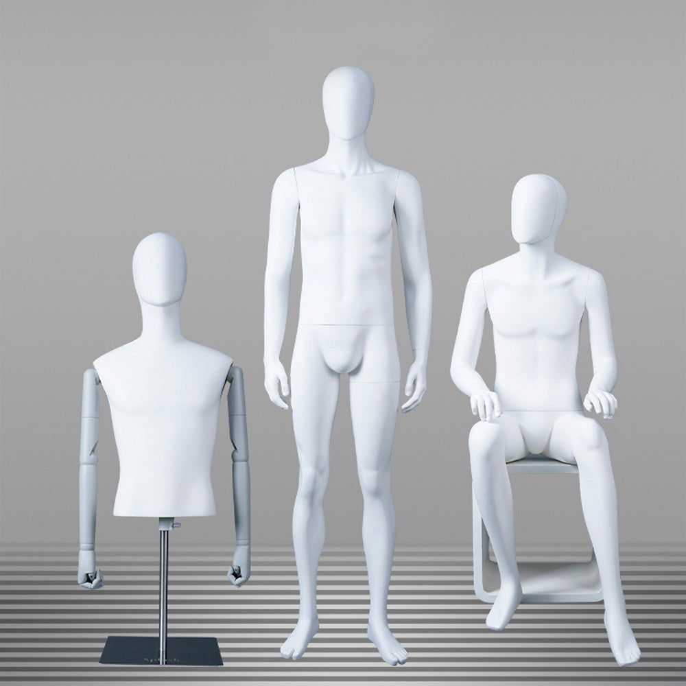 DE-LIANG Male Full & Half Body Mannequin Set | White Fiberglass Dress Form Display with Adjustable Wooden Arms | Standing & Sitting Male Mannequin for Clothing Store Window Display