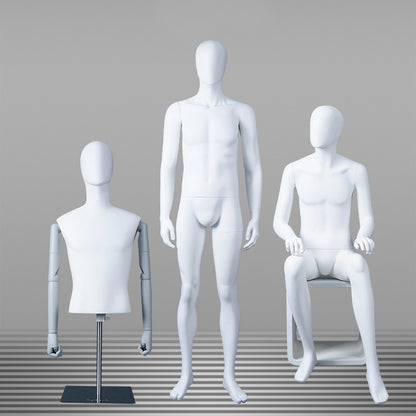 DE-LIANG Male Full & Half Body Mannequin Set | White Fiberglass Dress Form Display with Adjustable Wooden Arms | Standing & Sitting Male Mannequin for Clothing Store Window Display