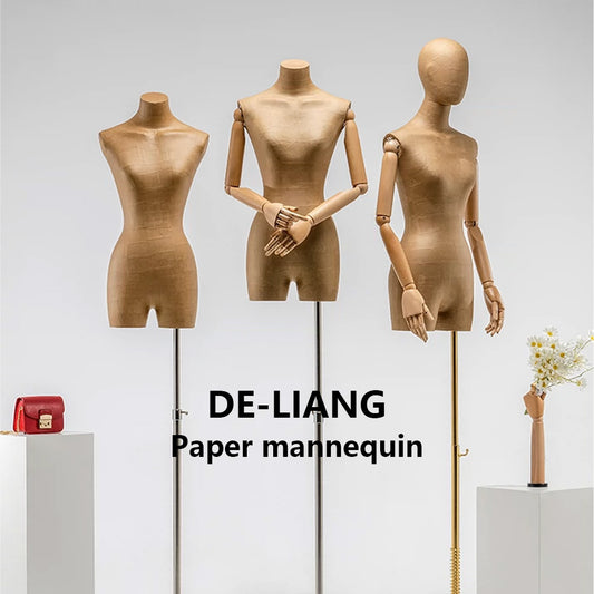 Female Half Body Mannequin, Clothing Display Model Body Stand,Paper Torso Dress Form,Wooden Arms and Base for Clothing/Dress Store Display, DE-LIANG