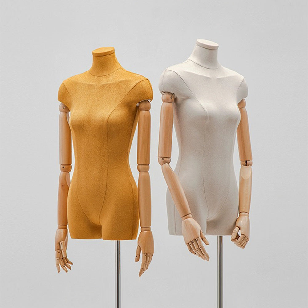 Female Half Body Mannequin, Clothing Display Model Body Stand,Suede Torso Dress Form,Wooden Arms and Base for Clothing/Dress Store Display, DE-LIANG