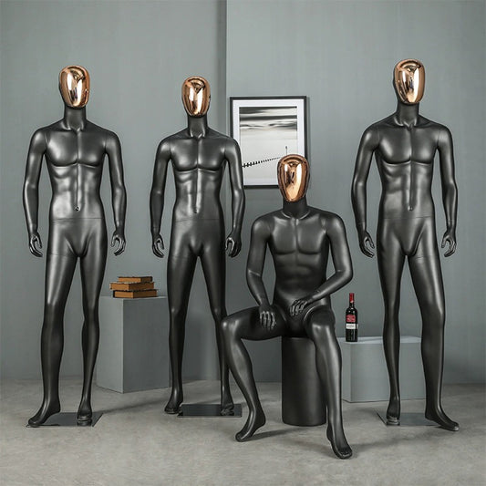 Male Full Body Painting Mannequin, Adult Men Fiberglass Display Mannequin Black White Matt Finish with Golden Face Half Face/Full Gold Head DE-LIANG