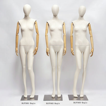 Maniquí femenino de cuerpo entero de lujo, parte superior del cuerpo envuelta en tela de lino, parte inferior de la pierna de fibra de vidrio pintada a mano, modelo de vestido beige, 1 pieza