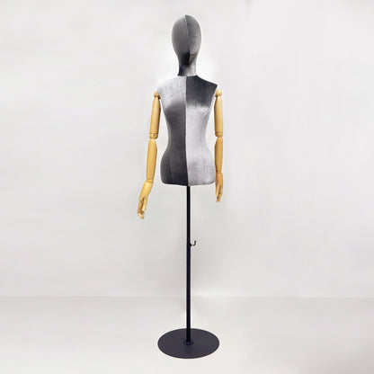 Maniquí de exhibición de medio cuerpo de terciopelo, torso femenino, modelo de maniquí de tela de terciopelo para exhibición en boutique, torso de maniquí con brazo flexible.