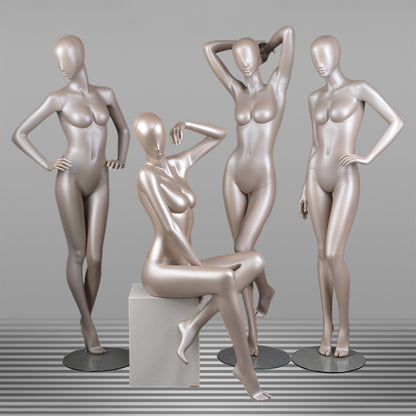 DE-LIANG Glossy Champagne Gold Female Full Body Mannequin Set, Realistic Fiberglass Standing & Sitting Display Models for Clothing Stores, Window Fashion Display, Boutique Dress Form Props