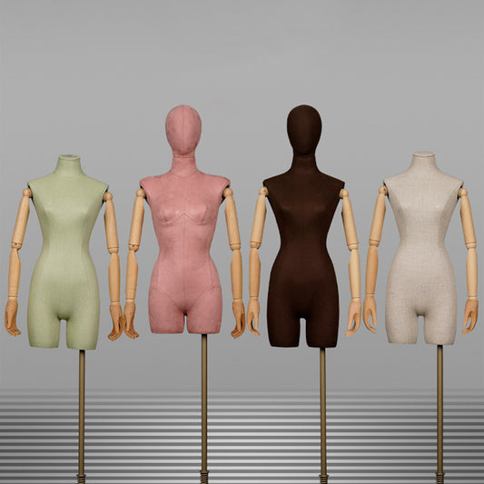 DE-LIANG Female Half Body Mannequin,Linen Fabric Adult Mannequins Torso with Wood Arms