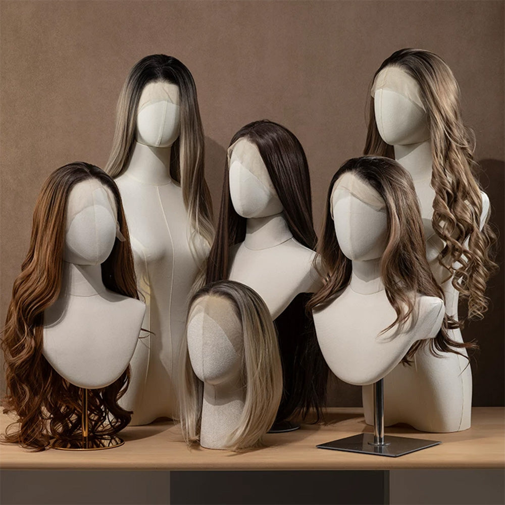 DE-LIANG Linen Mannequin Head Stand for Wigs Hats Scarves Display with Adjustable Base