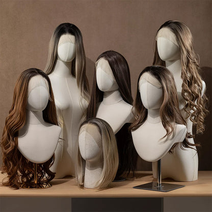 DE-LIANG Linen Mannequin Head Stand for Wigs Hats Scarves Display with Adjustable Base