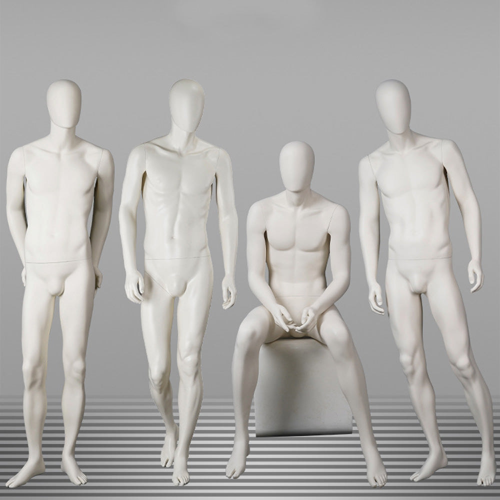 DE-LIANG Male Full Body Mannequins Set | White Fiberglass Dress Form Display with Adjustable Wooden Arms | Standing & Sitting Male Mannequin for Clothing Store Window Display