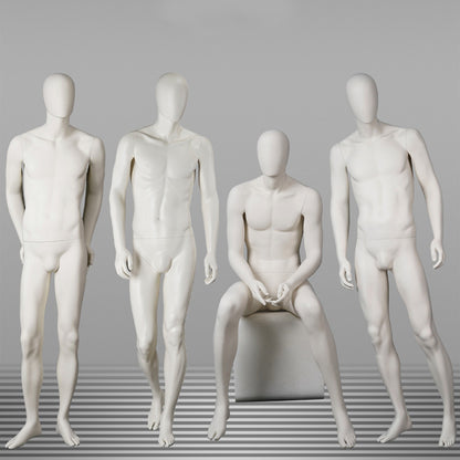 DE-LIANG Male Full Body Mannequins Set | White Fiberglass Dress Form Display with Adjustable Wooden Arms | Standing & Sitting Male Mannequin for Clothing Store Window Display