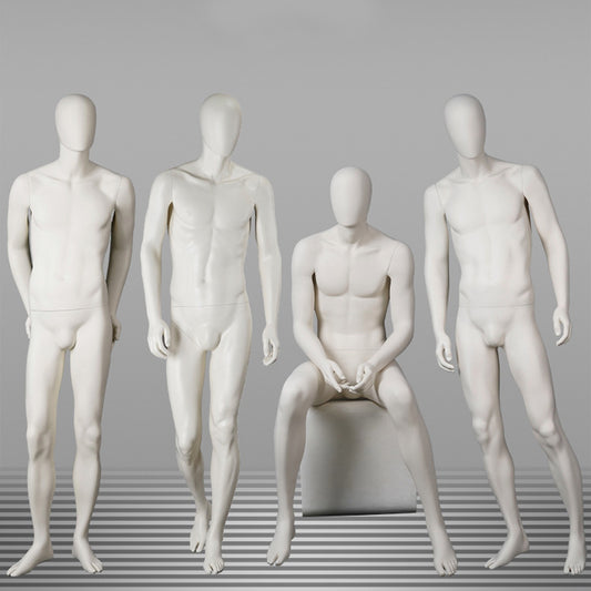 DE-LIANG Male Full Body Mannequins Set | White Fiberglass Dress Form Display with Adjustable Wooden Arms | Standing & Sitting Male Mannequin for Clothing Store Window Display