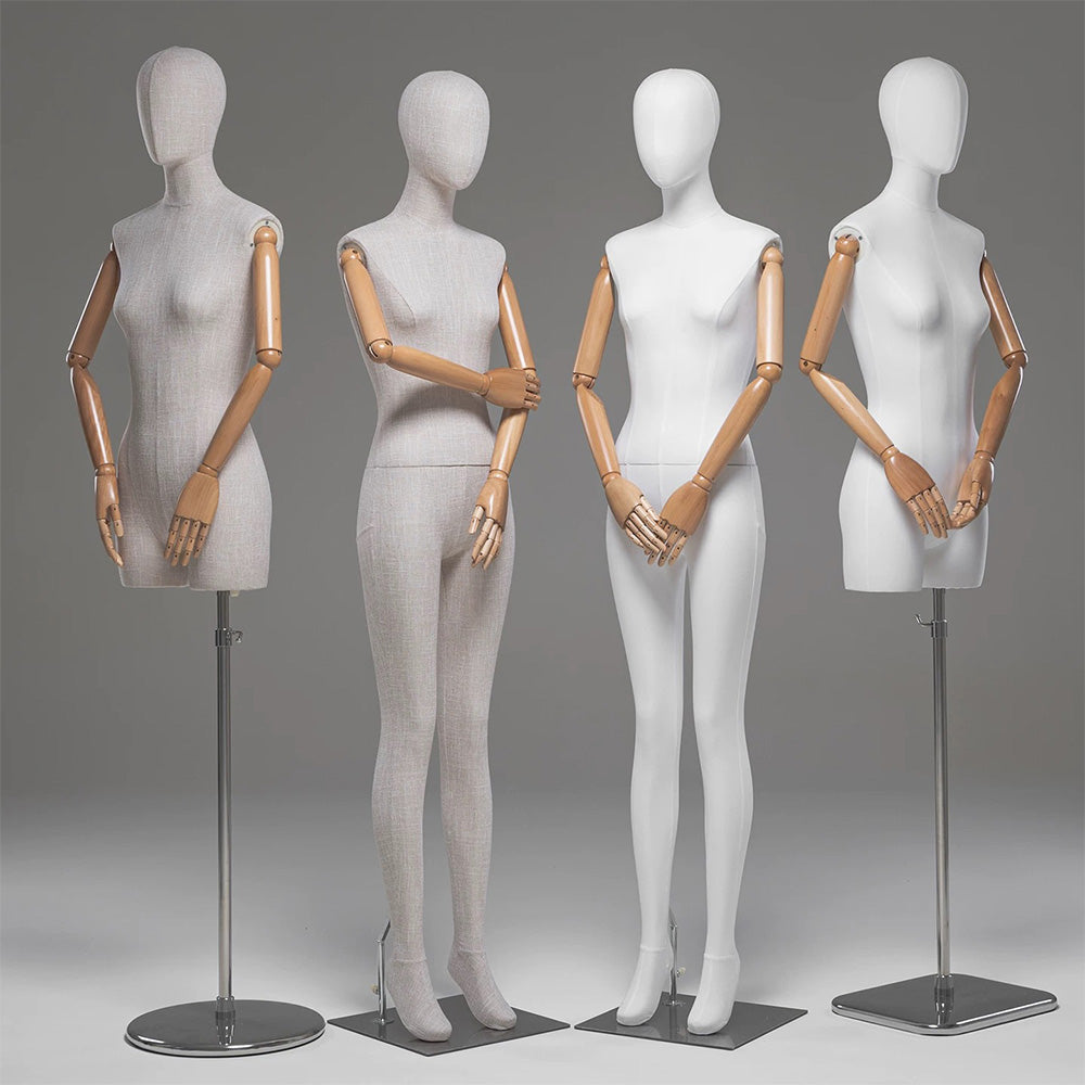 DE-LIANG Female Full / Half Body Mannequin with Adjustable Wooden Arms,Dress Form Display Torso with Metal Stand,Linen & White Finish Display Mannequins for Clothing Store