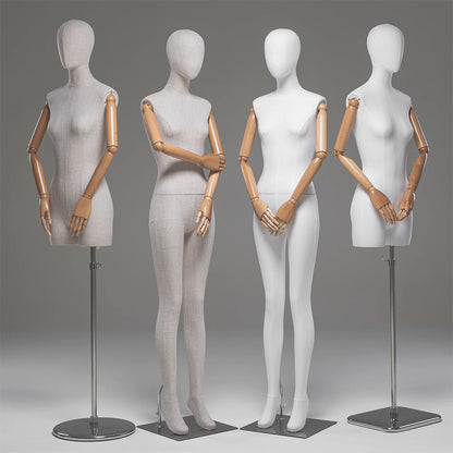 DE-LIANG Female Full / Half Body Mannequin with Adjustable Wooden Arms,Dress Form Display Torso with Metal Stand,Linen & White Finish Display Mannequins for Clothing Store