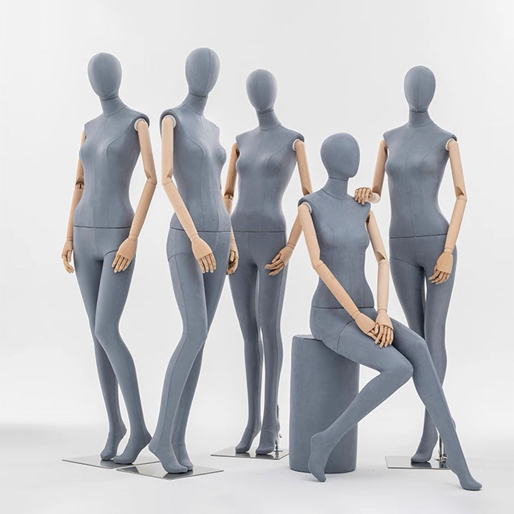 Grey Suede Female Full Body Mannequin with Wooden Arms