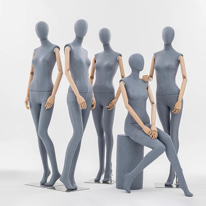 Grey Suede Female Full Body Mannequin with Wooden Arms