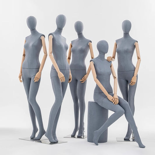 Grey Suede Female Full Body Mannequin with Wooden Arms