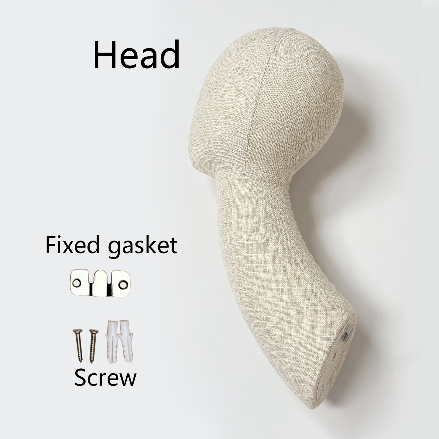 DE-LIANG Long Neck Wall Mount Mannequin Head in Bamboo Linen Fabric, Beige Foam Display Head with Hinge and Screws for Hats Wigs Scarves Jewelry