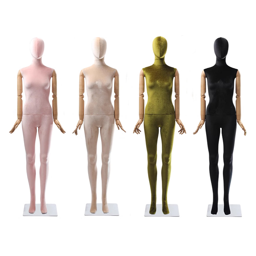 Mannequin de robe de luxe pour femme, corps entier, mannequin de robe en velours coloré pour vitrine, tête de perruque, bras en bois, support de torse de mannequin en velours