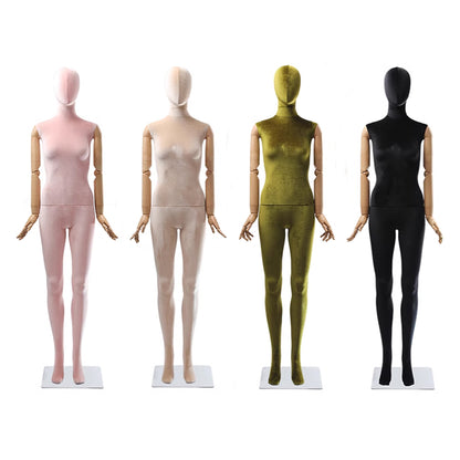 Maniquí de cuerpo entero de lujo para mujer, de terciopelo colorido, para escaparate, con cabeza de peluca, brazos de madera y torso de terciopelo.