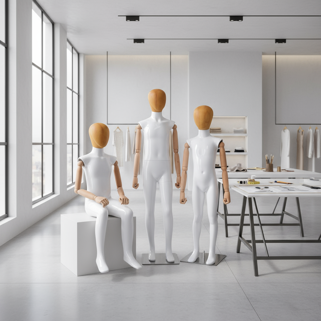 DE-LIANG Glossy White Full Body Childs Mannequin with Wooden Arms & Head for Store Window, Boutique Clothing & Fashion Display