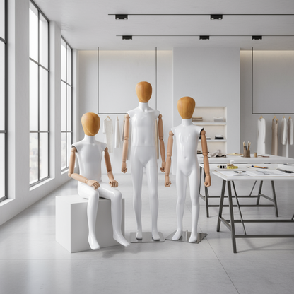DE-LIANG Glossy White Full Body Childs Mannequin with Wooden Arms & Head for Store Window, Boutique Clothing & Fashion Display