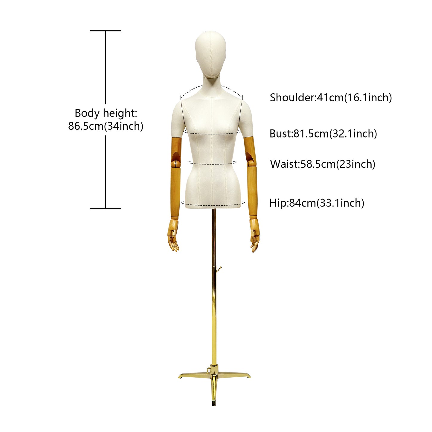 DE-LIANG Headless Female White Beige Display Mannequins, Black Wood Neck Cover and Fabric Head Two Function with Black Round Base Model For Clothing Display