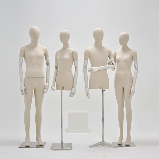 Fashion Elegant Window Display Props, Beige Linen Fabric Dressform Manikin with Fiberglass Head, Detachable Head and Arms, visual mannequin DE-LIANG