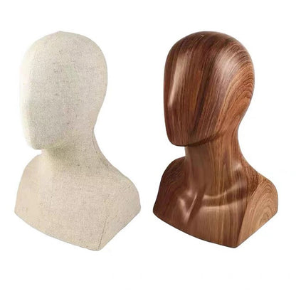 DE-LIANG Linen & Wooden Head Model Display Stand — Jewelry, Wig & Hat Display Mannequin Head | Boutique Countertop Mannequin Bust for Necklaces, Hats, Wigs & Accessories