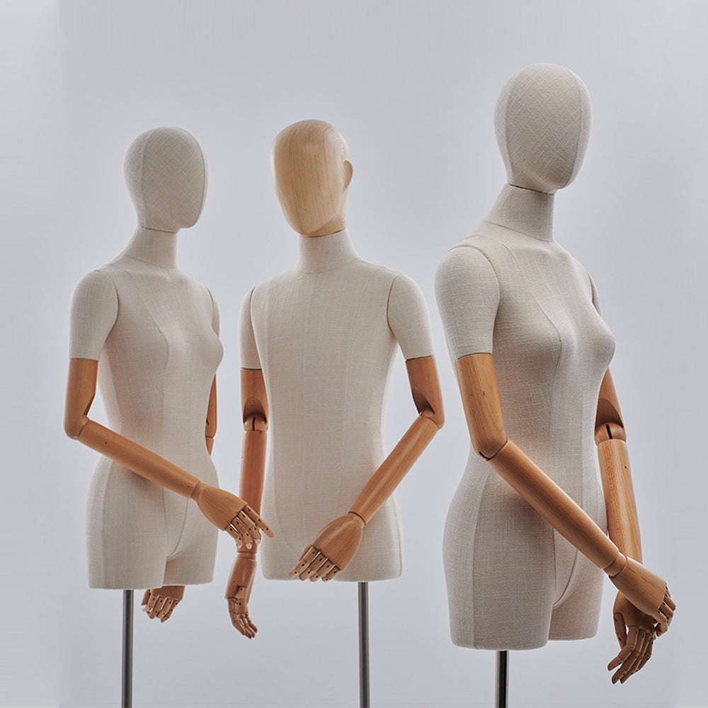 Luxury Female Male Dress Form, Linen Display Mannequin with Wooden Head Model for Fashion Cloth Dressmaker Dummy. Square Silver Base DE-LIANG