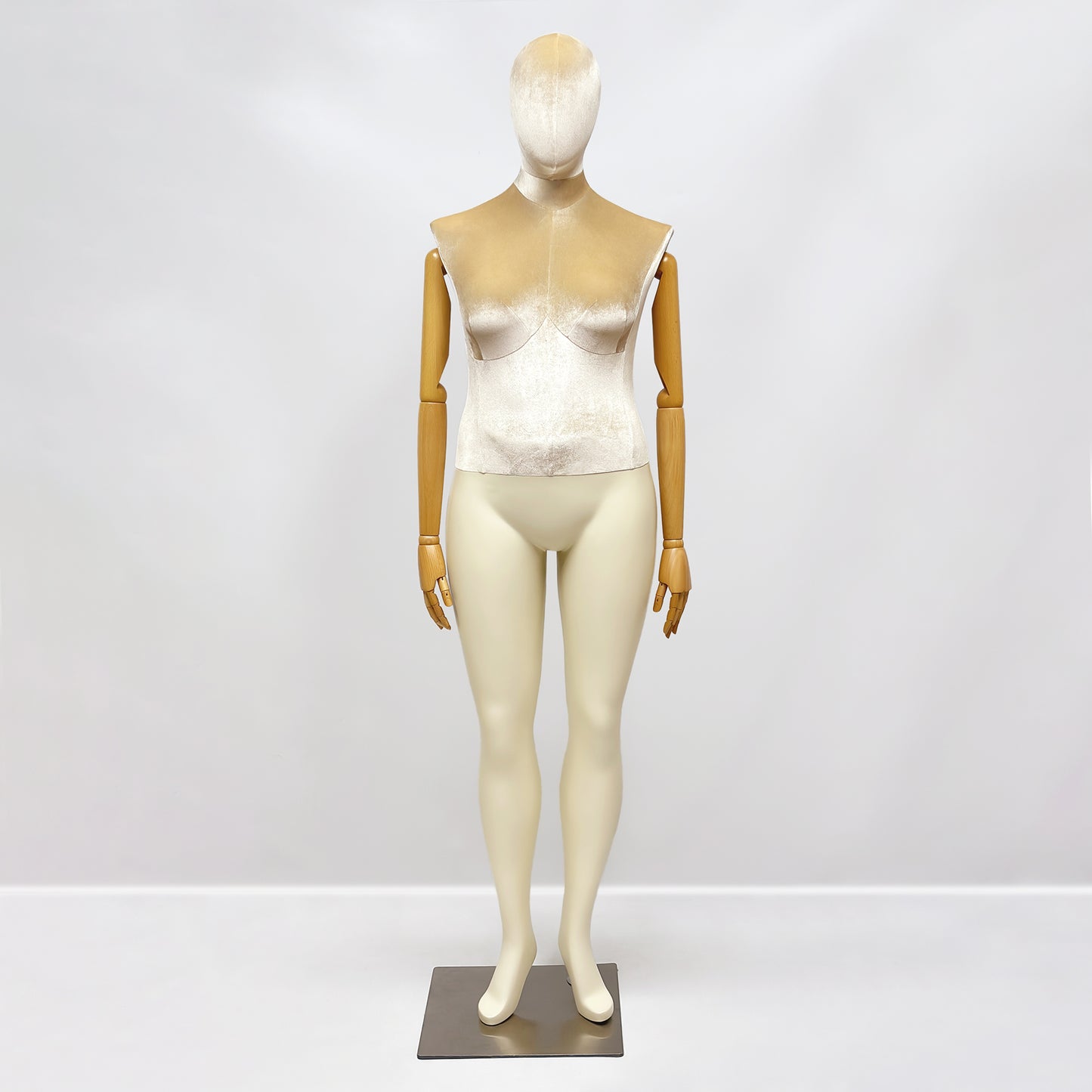 DE-LIANG Elegant Plus Size Female Mannequin with Wood Arms,Upper Velvet Body and Painted Legs,Women Dress Form,Window Display Troso with Silver Base