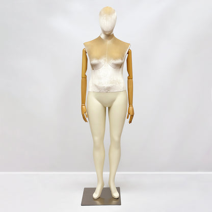 DE-LIANG Elegant Plus Size Female Mannequin with Wood Arms,Upper Velvet Body and Painted Legs,Women Dress Form,Window Display Troso with Silver Base