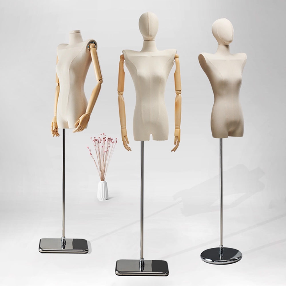 DE-LIANG Female Half Body Mannequin Torso with Wooden Arms & Metal Base