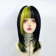Load image into Gallery viewer, Green Mix Black Human Wig, Lace Front Wig Natural Straight Layered Cut Black Wigs for Women Cosplay Wig Drag Queen Wig Chemo Wig Marley,
