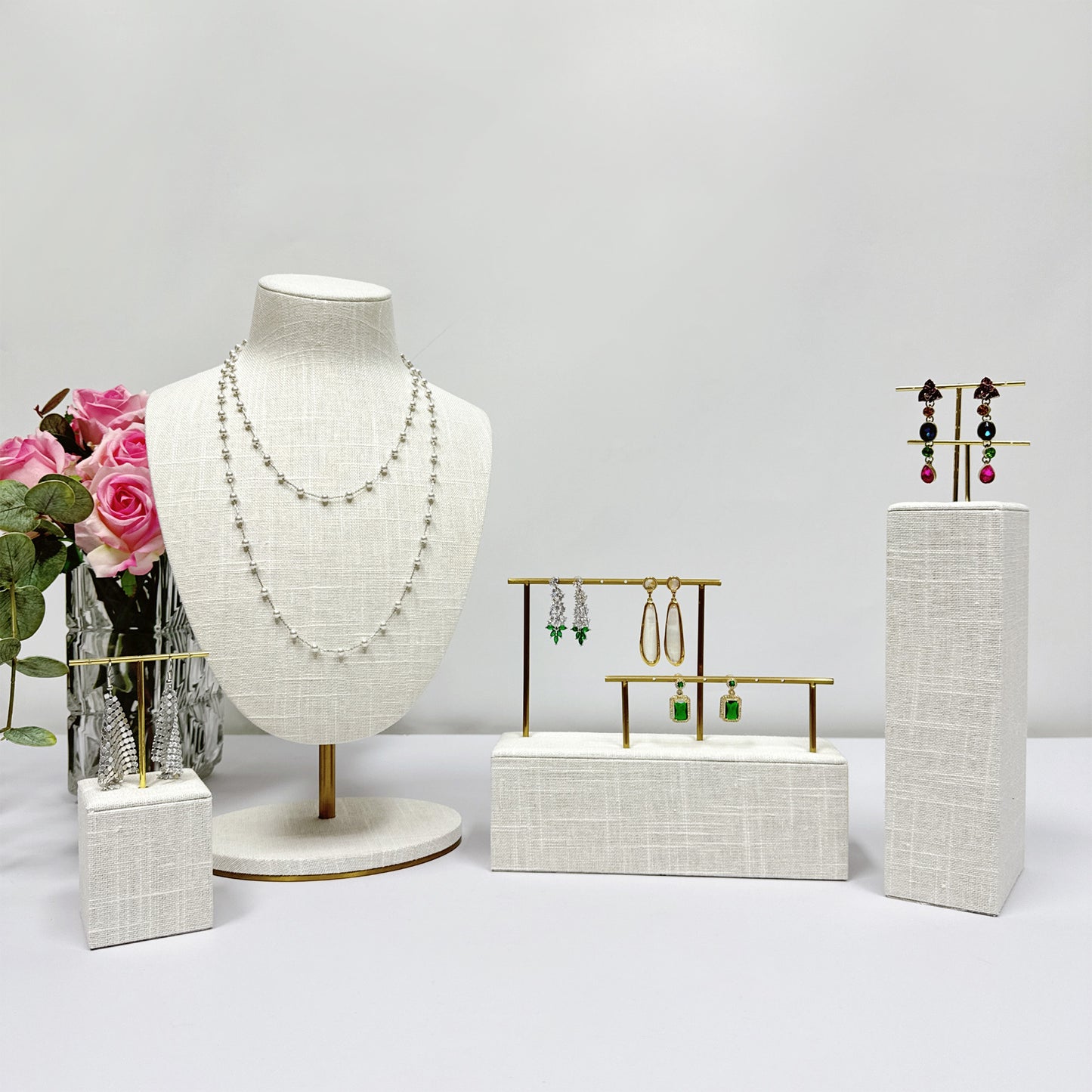 Elegant Linen Bust Form Display set, Necklace Bust, Jewelry Display, Linen Mannequin Display, Earrings display rack, Rings Tray display rack