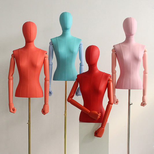 DE-LIANG Leather Female Half Body Mannequin with Arms & Gold Base – Luxury Dress Form Torso, Fiberglass Display Model for Boutique Clothing, Jewelry & Fashion Window Display