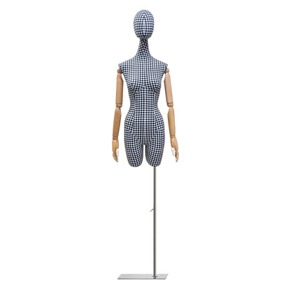 Fashion Female Fabric Mannequin, Woman Half Body Display Plaid Cloth Long Neck Twist Head Model Dressform with Wooden Arms, Linen Fabric, - De-Liang Dress Forms