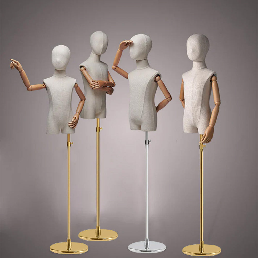 DE-LIANG Luxury Kids Mannequin with Wooden Arms, Canvas Fabric SML size Child Half Body Dress Form Model for Cloth Display, Bamboo Linen De-Liang Dress Forms