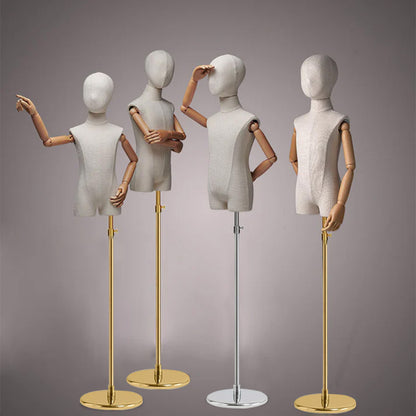 DE-LIANG Luxury Kids Mannequin with Wooden Arms, Canvas Fabric SML size Child Half Body Dress Form Model for Cloth Display, Bamboo Linen De-Liang Dress Forms