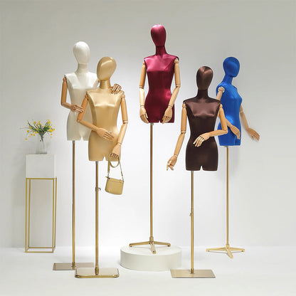 DE-LIANG Maniquí de medio cuerpo femenino, torso de maniquí adulto teñido, maniquí de seda ajustable para mujer, accesorios para modelos de ropa, maniquí de exhibición para dama con brazo de madera