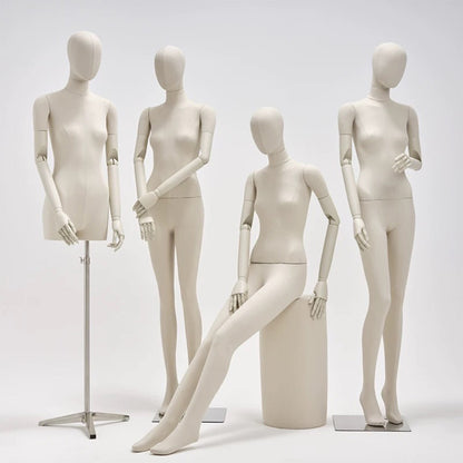 DE-LIANG Beige Linen Female Full/Half Body Mannequin,Flexible Wooden Arms, Dress Form Display Model with Stand, Perfect for Fashion Showrooms & Window Displays