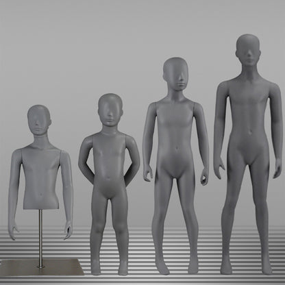 DE-LIANG Grey Kids Full Body Mannequins with Arms and Base – Child Dress Form Torso with Realistic Facial Features, Adjustable Display Dummy for Store Window & Boutique Clothing Display