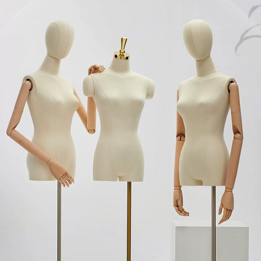 Natural Beige Female Half Body Mannequin With Adjustable Gold Square Base and Wooden Arms,Golden Head Cover Female Mannequin Dress Form DL0071 De-Liang Dress Forms