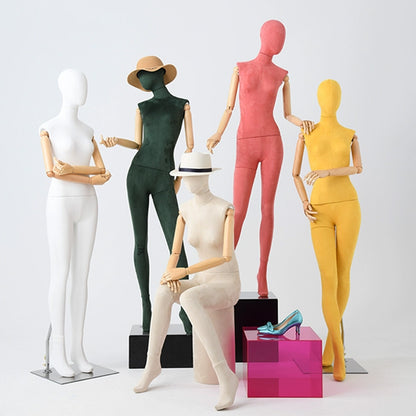 DE-LIANG Suede Female Full Body Mannequin with Wooden Arms,Coloful Fabric Dress Form Display Model for Clothing Stores