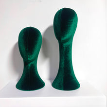 Load image into Gallery viewer, Luxurious Green Velvet Head Model, Fully Pinnable Cloth Head Mannequin, Head Hat Stand/Display, lace Head Wig Stand, Hat Rack w/ Fabric DLB38-VGR/DLB45-VGR/DLB50-VGR
