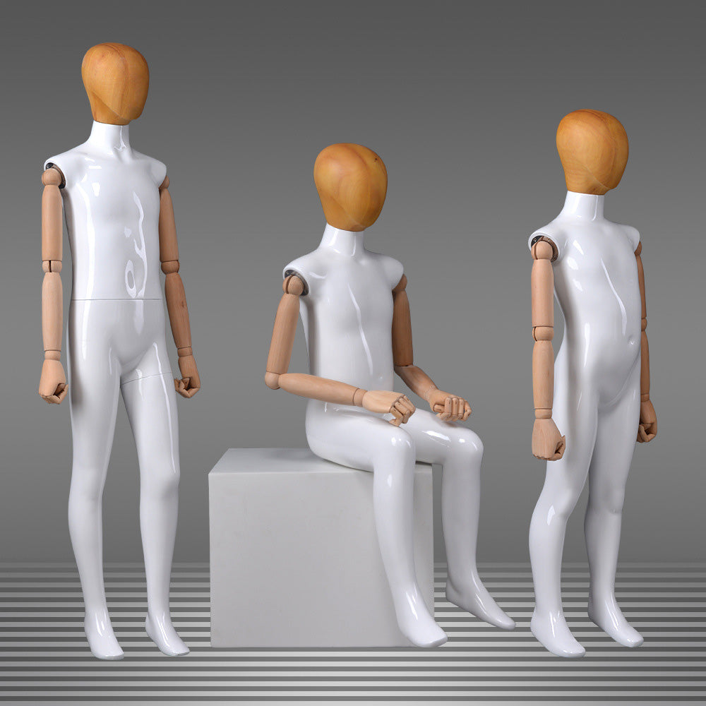 DE-LIANG Glossy White Full Body Childs Mannequin with Wooden Arms & Head for Store Window, Boutique Clothing & Fashion Display
