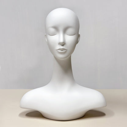 DE-LIANG Luxury Matte White Fiberglass Female Head Mannequin with Optional Metal Base for Jewelry Display Hat Wigs Dsipaly